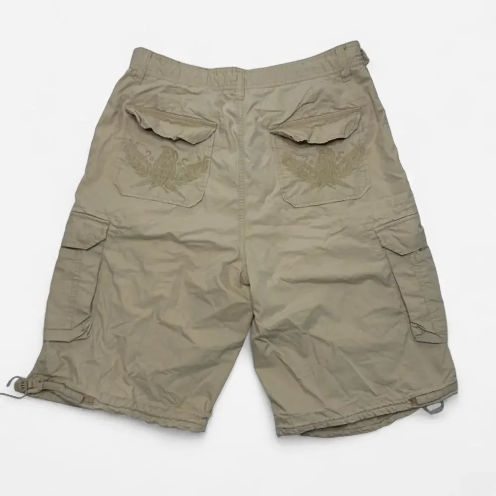Southpole Y2K Cargo Shorts Tan Embroidered Patches Streetwear Size 32